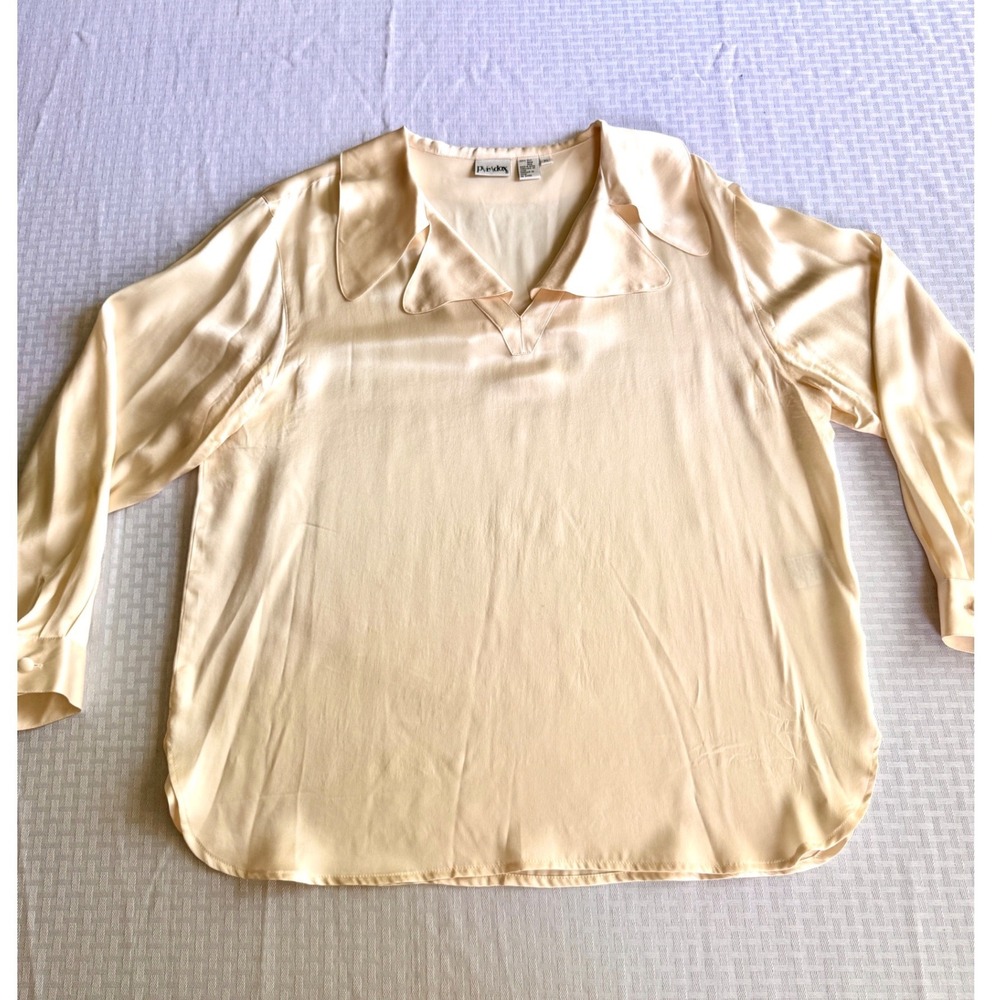 Paradox Vintage 100% Silk Satin Blouse Cream V-Neck Long Sleeve XL 16-0275W